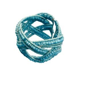 Turquoise Multicolored Multi Strand Beaded Coil Bracelet Cuff Bangle 6" Boho